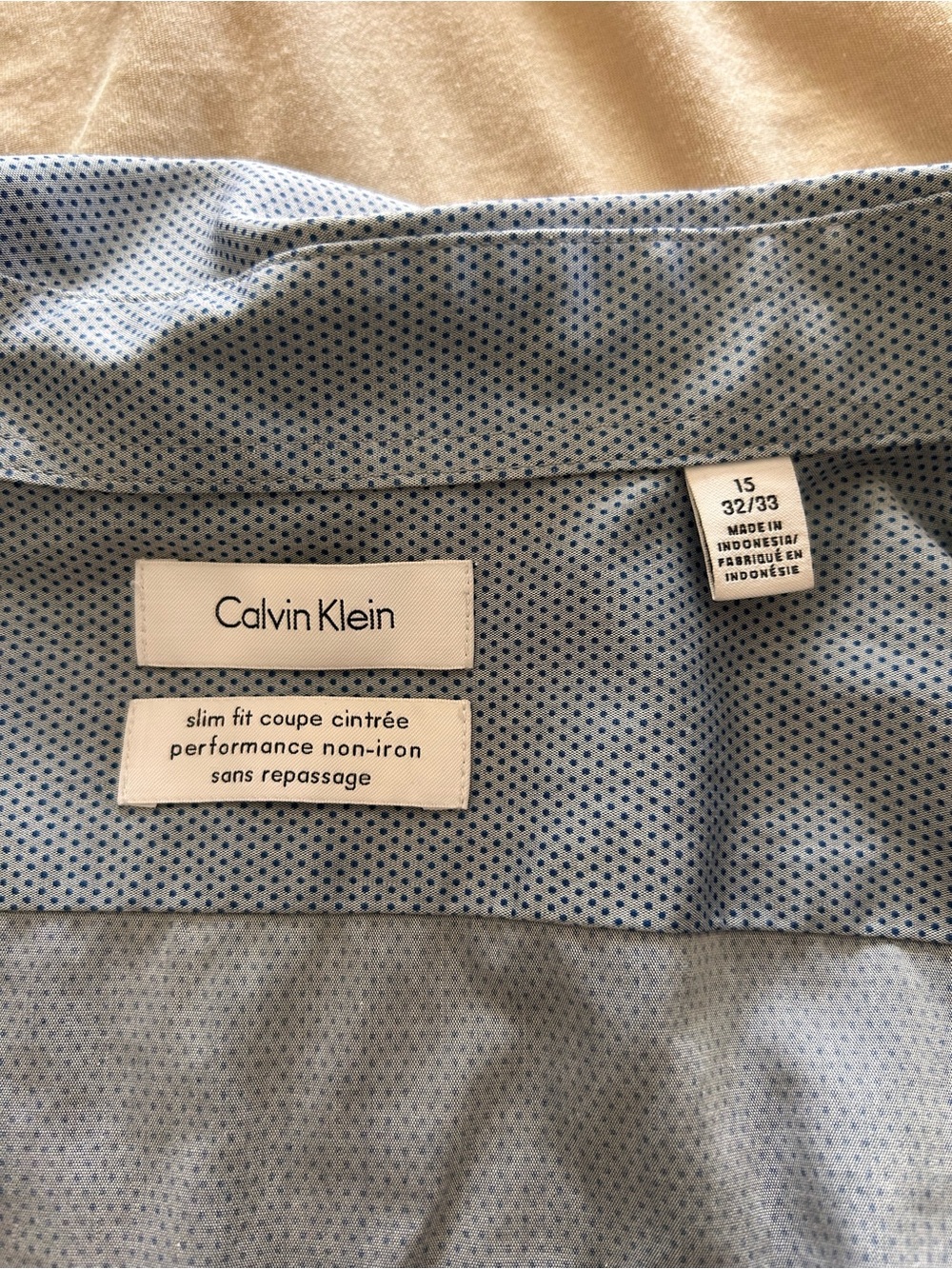 Calvin Klein Men's Light Blue Slim Fit Dress Shirt with Navy Dot Pattern